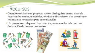 Cuando se elabora un proyecto suelen distinguirse cuatro tipos de
recursos: humanos, materiales, técnicos y financieros, que constituyen
los insumos necesarios para su realización.
Un proyecto en el que no hay recursos, no es mucho más que una
declaración de buenos propósitos.
Recursos:
 