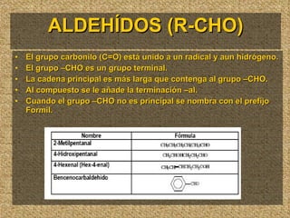 ALDEHÍDOS (R-CHO) El grupo carbonilo (C=O) está unido a un radical y aun hidrógeno. El grupo –CHO es un grupo terminal. La cadena principal es más larga que contenga al grupo –CHO. Al compuesto se le añade la terminación –al. Cuando el grupo –CHO no es principal se nombra con el prefijo Formil. 