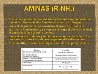 AMINAS (R-NH 2 ) Pueden ser primarias, secundarias y terciarias según presenten uno, dos o tres radicales R unidos al átomo de nitrógeno. Las aminas primarias, se considera el grupo –NH 2  como la estructura fundamental y se nombra el grupo R como un radical al que se le añade el sufijo –amina. Las aminas secundarias y terciarias se nombran indicando los nombres de todos los radicales seguidos del sufijo –amina. Cuando –NH 2  va como sustituyente se utiliza el prefijo amino-. 