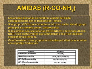 AMIDAS (R-CO-NH 2 ) Las amidas primarias se nombran a partir del ácido correspondiente con la terminación –amida. Si el grupo -CONH 2  se encuentra unido a un anillo, siendo grupo principal, se nombra como –carboxamida. Si las amidas son secundarias (R-CO-NH-R’) o terciarias (R-CO-NR’R’’) los sustituyentes que reemplazan a los H se localizan empleando las letras N. Cuando existen otros grupos funcionales prioritarios se nombra con el prefijo Carbamoil-. 