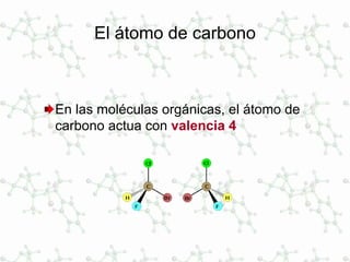 El átomo de carbono
En las moléculas orgánicas, el átomo de
carbono actua con valencia 4
 