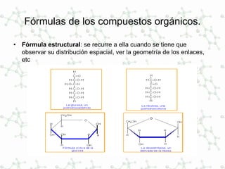 Fórmulas de los compuestos orgánicos.
• Fórmula estructural: se recurre a ella cuando se tiene que
observar su distribución espacial, ver la geometría de los enlaces,
etc
 