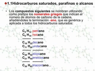 1.1Hidrocarburos saturados, parafinas o alcanos
• Los compuestos siguientes se nombran utilizando
como prefijos los numerales griegos que indican el
número de átomos de carbono de la cadena,
añadiéndoles la terminación -ano, que es genérica y
aplicada a todos los hidrocarburos saturados:
C5 H12 pentano
C6 H14 hexano
-------- ----------
C10 H22decano
C11 H24undecano
-------- ----------
C20 H42eicosano
C21 H44eneicosano
------- ----------
C30 H62triacontano...
 