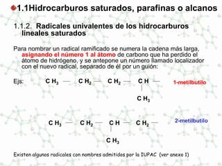 1.1Hidrocarburos saturados, parafinas o alcanos
1.1.2. Radicales univalentes de los hidrocarburos
lineales saturados
Para nombrar un radical ramificado se numera la cadena más larga,
asignando el número 1 al átomo de carbono que ha perdido el
átomo de hidrógeno, y se antepone un número llamado localizador
con el nuevo radical, separado de él por un guión:
Ejs: C H3 C H2 C H2 C H
C H3
C H3 C H2 C H C H2
C H3
1-metilbutilo
2-metilbutilo
Existen algunos radicales con nombres admitidos por la IUPAC (ver anexo 1)
 