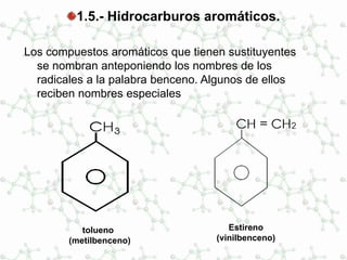 1.5.- Hidrocarburos aromáticos.
Los compuestos aromáticos que tienen sustituyentes
se nombran anteponiendo los nombres de los
radicales a la palabra benceno. Algunos de ellos
reciben nombres especiales
tolueno
(metilbenceno)
Estireno
(vinilbenceno)
 
