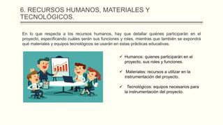 6. RECURSOS HUMANOS, MATERIALES Y
TECNOLÓGICOS.
En lo que respecta a los recursos humanos, hay que detallar quiénes participarán en el
proyecto, especificando cuáles serán sus funciones y roles, mientras que también se expondrá
qué materiales y equipos tecnológicos se usarán en estas prácticas educativas.
 Humanos: quienes participarán en el
proyecto, sus roles y funciones.
 Materiales: recursos a utilizar en la
instrumentación del proyecto.
 Tecnológicos: equipos necesarios para
la instrumentación del proyecto.
 