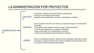 LA ADMINISTRACIÓN POR PROYECTOS
ADMINISTRACIO
N
EJECUCIÓ
N
•Presentar y explicar el fruto de la fase de planificación
•Introducir a los miembros del equipo
•Detallar responsabilidades, funciones, expectativas y métodos
CONTROL
Con el proyecto educativo en marcha, es necesario repasar tus indicadores
de gestión:
•¿Los planes están saliendo viento en popa, o hay obstáculos?
•¿Tus alumnos aprenden y se sienten motivados?
•¿Hay conformidad con la planificación y gestión?
•¿Todos los participantes están haciendo su trabajo?
CIERRE
Das por concluido el proyecto, observando los resultados obtenidos durante
el proceso, al igual en observar los errores cometidos durante la ejecución y
el control de la administración del proyecto.
 
