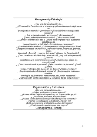 Management y Estrategia
                                              .
                            ¿Hay una clara explicación de…
    _ ¿Cómo será la Estructura de la empresa y qué cuestiones estratégicas se
                                            han
       privilegiado al diseñarla? ¿Dimensión? ¿Se dispondrá de la capacidad
                                        necesaria?
               _ ¿Qué actividades serán tercerizadas? ¿Proveedoress?
             _ ¿Cómo es la departamentalización? ¿Cómo es cada área?
      _ ¿Cómo se intentará que sea la Cultura de la empresa y qué cuestiones
                                     estratégicas se
               han privilegiado al definirla? ¿Conocimientos necesarios?
     _ ¿Cantidad de empleados? ¿Cuántas personas trabajarán en cada área?
     ¿Responsabilidades y funciones? ¿Remuneraciones, incentivos, premios,
                                           costos
       laborales? ¿Turnos? ¿Horarios de trabajo? ¿Costos de Capacitación?
    _ ¿Cómo es el mercado de trabajo en el sector? ¿Hay suficiente personal?
                                         ¿Tiene la
         capacitación y la experiencia necesarios? ¿Sueldos que pagan los
                                     competidores?
    _ ¿Cómo se contratará al personal? ¿Seleccionadora de personal? ¿Cuál?
                                         ¿Costos,
          tiempos? ¿Se pondrán avisos en los diarios? ¿Costos, tiempos?
      _ ¿Qué infraestructura física será necesaria? ¿Qué espacios, máquinas,
                                         muebles,
           tecnología, equipamiento, instalaciones, etc., serán necesarios?
       _ ¿Comparación con la organización y estructura de los competidores?



                       Organización y Estructura
                                         .




                          ¿Hay una clara explicación de…
                    _ ¿Cuáles son los cronogramas a cumplir?
         _ ¿Cuáles son los Objetivos Propuestos y las Etapas del Proyecto?
                     _ ¿Prioridades, Recursos, Responsables?
         _ ¿Cuáles son los tiempos del negocio hasta la puesta en marcha?
               _ ¿Fechas concretas para cada etapa? ¿Incicio y fin?
             _ ¿Está correctamente analizada la apertura del negocio?
                  _ ¿Es el momento oportuno para este negocio?

.
                          Cronogramas, Timing




                                                                                3
 