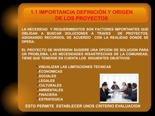 1.1 IMPORTANCIA DEFINICIÓN Y ORIGEN
             DE LOS PROYECTOS

LA NECESIDAD Y REQUERIMIENTOS SON FACTORES IMPORTANTES QUE
OBLIGAN A BUSCAR SOLUCIONES A TRAVES         DE PROYECTOS,
ASIGNANDO RECURSOS, DE ACUERDO CON LA REALIDAD DONDE SE
OPERA.

EL PROYECTO DE INVERSION SUGIERE UNA OPCION DE SOLUCION PARA
UN PROBLEMA, LAS NECESIDADES INSASTIFECHAS DE LA COMUNIDAD,
TIENE QUE TENERSE EN CUENTA LOS SIGUIENTES OBJETIVOS:

      * VISUALIZAR LAS LIMITACIONES TECNICAS
       *ECONOMICAS
       *SOCIALES
       *LEGALES
       *CULTURALES
       *AMBIENTALES
       *FINACIERA
       *ESTRATEGICA
 ESTO PERMITE ESTABLECER UNOS CRITERIO EVALUACION
 