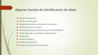 Algunas fuentes de identificación de ideas:
 Planes de desarrollo.
 Estudios de mercados.
 Diagnósticos sobre los problemas municipales.
 Iniciativas de la comunidad.
 Normas que regulan los procesos de descentralización.
 Ferias regionales, nacionales e internacionales.
 Franquicias.
 Cambios de leyes.
 Estudios de demanda.
 Programas de fomento empresarial.
 