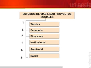 ESTUDIOS DE VIABILIDAD PROYECTOS
SOCIALES
Técnica
Economía
Financiera
Institucional
Ambiental
Social
T
E
F
I
A
S
 