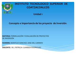 INSTITUTO TECNOLOGICO SUPERIOR DE
                    COATZACOALCOS

                               Unidad 1


      Concepto e importancia de los proyecto de inversión.



MATERIA: FORMULACIÓN Y EVALUACIÓN DE PROYECTOS
DE INVERSIÓN

NOMBRE: MONTEJO SANCHEZ JOSE DEL CARMEN

DOCENTE: M.I. PATRICIA GAMBOA RODRIGUEZ
 