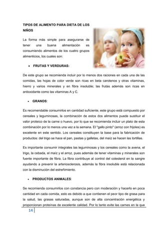 TIPOS DE ALIMENTO PARA DIETA DE LOS
NIÑOS
La forma más simple para asegurarse de
tener

una

buena

alimentación

es

consumiendo alimentos de los cuatro grupos
alimenticios, los cuales son:
FRUTAS Y VERDURAS:
De este grupo se recomienda incluir por lo menos dos raciones en cada una de las
comidas, las hojas de color verde son ricas en beta carotenos y otras vitaminas,
hierro y varios minerales y en fibra insoluble; las frutas además son ricas en
antioxidante como las vitaminas A y C.
GRANOS:
Es recomendable consumirlos en cantidad suficiente, este grupo está compuesto por
cereales y leguminosas, la combinación de estos dos alimentos puede sustituir el
valor proteico de la carne o huevo, por lo que se recomienda incluir un plato de esta
combinación por lo menos una vez a la semana. El "gallo pinto" (arroz con frijoles) es
excelente en este sentido. Los cereales constituyen la base para la fabricación de
productos: del trigo se hace el pan, pastas y galletas, del maíz se hacen las tortillas.
Es importante consumir integrales las leguminosas y los cereales como la avena, el
trigo, la cebada, el maíz y el arroz, pues además de tener vitaminas y minerales son
fuente importante de fibra. La fibra contribuye al control del colesterol en la sangre
ayudando a prevenir la arteriosclerosis, además la fibra insoluble está relacionada
con la disminución del estreñimiento.
PRODUCTOS ANIMALES:
Se recomienda consumirlos con constancia pero con moderación y hacerlo en poca
cantidad en cada comida, esto es debido a que contienen el peor tipo de grasa para
la salud, las grasas saturadas, aunque son de alta concentración energética y
proporcionan proteínas de excelente calidad. Por lo tanto evite las carnes en la que

14

 