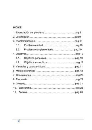INDICE
1. Enunciación del problema ………………………………pag.8
2. Justificación……………………………………………….pag.9
3. Problematización……………………………...………….pag.10
3.1.

Problema central…………………………………pag.10

3.2.

Problema complementario……………………..pag.10

4. Objetivos…………………………………………..…….....pag.10
4.1.

Objetivos generales………………….…………..pag.10

4.2.

Objetivos específicos………………..…………...pag.11

5. Variables y características………………….……………pag.11
6. Marco referencial …………………………………………pag.12
7. Conclusiones……………………………………...……….pag.20
8. Propuesta ………………………………………………….pag.21
9. Glosario…………………………………………………….pag.21
10. Bibliografía………………………………………………pag.23
11. Anexos…………………………………………………..pag.23

6

 