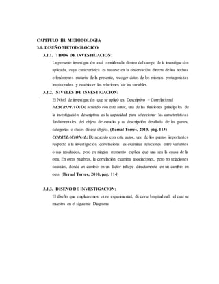 3. CAPITULO III. METODOLOGIA
3.1. DISEÑO METODOLOGICO
3.1.1. TIPOS DE INVESTIGACION:
La presente investigación está considerada dentro del campo de la investigación
aplicada, cuya característica es basarse en la observación directa de los hechos
o fenómenos materia de la presente, recoger datos de los mismos protagonistas
involucrados y establecer las relaciones de las variables.
3.1.2. NIVELES DE INVESTIGACION:
El Nivel de investigación que se aplicó es: Descriptivo – Correlacional
DESCRIPTIVO: De acuerdo con este autor, una de las funciones principales de
la investigación descriptiva es la capacidad para seleccionar las características
fundamentales del objeto de estudio y su descripción detallada de las partes,
categorías o clases de ese objeto. (Bernal Torres, 2010, pág. 113)
CORRELACIONAL: De acuerdo con este autor, uno de los puntos importantes
respecto a la investigación correlacional es examinar relaciones entre variables
o sus resultados, pero en ningún momento explica que una sea la causa de la
otra. En otras palabras, la correlación examina asociaciones, pero no relaciones
causales, donde un cambio en un factor influye directamente en un cambio en
otro. (Bernal Torres, 2010, pág. 114)
3.1.3. DISEÑO DE INVESTIGACION:
El diseño que emplearemos es no experimental, de corte longitudinal, el cual se
muestra en el siguiente Diagrama:
 