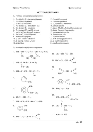 Química 1º bachillerato Química orgánica
pág. 21
ACTIVIDADES FINALES
1.- Formula los siguientes compuestos:
1. 3,4-dietil-2,2,5,6-tetrametiloctano
2. 3,4-dimetil-1-pentino
3. 3-etil-1,3-hexadieno
4. 4,8-dimetil-2,4-nonadien-6-ino
5. 3,6-dimetil-1,4-octadiino
6. 5-ciclopentil-3-metil-2-hexeno
7. p-cloro-(2-metilpropil) benceno
8. 1-cloro-2,2-dimetilbutano
9. metoxiciclopropano
10. 2-fenil-3-metil-1-butanol
11. 3-metil-2-penten-1,5-diol
12. difeniléter
13. 3-metil-2-pentenal
14. 2-hidroxipropanal
15. 3,4-dimetil-2-pentanona
16. etilfenilcetona
17. ácido 2-butil-3,4-dimetilhexanodioico
18. ácido 3-amino-2-pentenoico
19. propanoato de metilo
20. benzoato de etilo
21. 1-butenilamina
22. N,N-dimetilpropanamida
23. 2-metilbutanonitrilo
24. m-cloronitrobenceno
2.- Nombra los siguientes compuestos:
1. CH3 – CH – CH2 – CH – CH – CH2 – CH3
CH3 CH CH3
CH3 CH3
2. CH3 – C = CH – CH = CH2
CH = CH2
3. CH ≡ C – CH = CH – C = CH2
CH3
4.
CH3
CH3
5.
CH = CH2
6. Cl2CH – CH = CH2
7. CH3 – CH2 – CH2 – O – CH = CH2
8. OH
OH
O
9. HO – CH2 – CH = CH – C
10. CH2 = CH – CO – CH3
O
11. H2C = CH – CH2 – C
OH
12.
. O O
C – CH2 – C
HO OH
13.
O
C
O – CH2 – CH3
14. HN(CH2 – CH3)2
15. O
CH3 – CH2 – C
NH – CH3
O
16. CH3 – C – CH – CH3
NO2
17. C6H5 – C ≡N
H
 