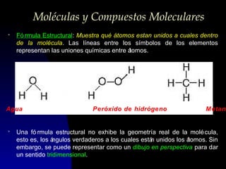 Moléculas y Compuestos Moleculares
>

Fó rmula Estructural: Muestra qué átomos estan unidos a cuales dentro
de la molécula. Las líneas entre los símbolos de los elementos
representan las uniones químicas entre á
tomos.

Agua

>

Peróxido de hidrógeno

Metano

Una fó rmula estructural no exhibe la geometría real de la molé cula,
esto es, los á
ngulos verdaderos a los cuales está unidos los á
n
tomos. Sin
embargo, se puede representar como un dibujo en perspectiva para dar
un sentido tridimensional.

 