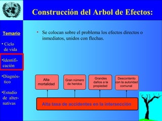 • Ciclo
de vida
•Identifi-
cación
•Diagnós-
tico
•Estudio
de alter-
nativas
Temario • Se colocan sobre el problema los efectos directos o
inmediatos, unidos con flechas.
Construcción del Arbol de Efectos:
Alta tasa de accidentes en la intersección
Alta
mortalidad
Grandes
daños a la
propiedad
Descontento
con la autoridad
comunal
Gran número
de heridos
 