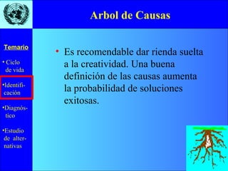 • Ciclo
de vida
•Identifi-
cación
•Diagnós-
tico
•Estudio
de alter-
nativas
Temario
• Es recomendable dar rienda suelta
a la creatividad. Una buena
definición de las causas aumenta
la probabilidad de soluciones
exitosas.
Arbol de Causas
 
