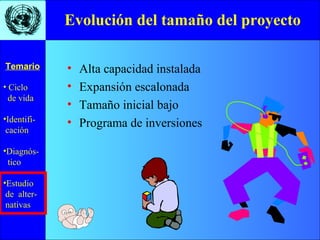 • Ciclo
de vida
•Identifi-
cación
•Diagnós-
tico
•Estudio
de alter-
nativas
Temario
Evolución del tamaño del proyecto
• Alta capacidad instalada
• Expansión escalonada
• Tamaño inicial bajo
• Programa de inversiones
 