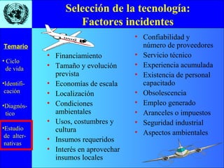 • Ciclo
de vida
•Identifi-
cación
•Diagnós-
tico
•Estudio
de alter-
nativas
Temario
Selección de la tecnología:
Factores incidentes
• Financiamiento
• Tamaño y evolución
prevista
• Economías de escala
• Localización
• Condiciones
ambientales
• Usos, costumbres y
cultura
• Insumos requeridos
• Interés en aprovechar
insumos locales
• Confiabilidad y
número de proveedores
• Servicio técnico
• Experiencia acumulada
• Existencia de personal
capacitado
• Obsolescencia
• Empleo generado
• Aranceles o impuestos
• Seguridad industrial
• Aspectos ambientales
 