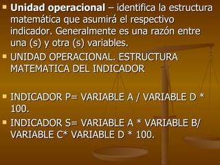 Unidad operacional  – identifica la estructura matemática que asumirá el respectivo indicador. Generalmente es una razón entre una (s) y otra (s) variables. UNIDAD OPERACIONAL. ESTRUCTURA MATEMATICA DEL INDICADOR INDICADOR P= VARIABLE A / VARIABLE D * 100. INDICADOR S= VARIABLE A * VARIABLE B/ VARIABLE C* VARIABLE D * 100. 