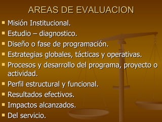 AREAS DE EVALUACION Misión Institucional. Estudio – diagnostico. Diseño o fase de programación. Estrategias globales, tácticas y operativas. Procesos y desarrollo del programa, proyecto o actividad. Perfil estructural y funcional. Resultados efectivos. Impactos alcanzados. Del servicio. 