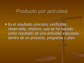 Producto por actividad Es el resultado concreto, verificable, observable, objetivo, que se ha logrado como resultado de una actividad ejecutada dentro de un proyecto, programa o plan. 