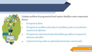 Cualquier problema de programación lineal requiere identificar cuatro componentes
básicos:
1. El conjunto de datos.
2. El conjunto de variables involucradas en el problema, junto con sus dominios
respectivos de definición.
3. El conjunto de restricciones lineales del problema que definen el conjunto de
soluciones admisibles.
4. La función lineal que debe ser optimizada (minimizada o maximizada).
13
 