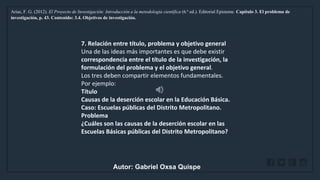 WWW.SITE2MAX.PRO
Free PowerPoint & KeyNote Templates
Arias, F. G. (2012). El Proyecto de Investigación: Introducción a la metodología científica (6.ª ed.). Editorial Episteme. Capítulo 3. El problema de
investigación, p. 43. Contenido: 3.4. Objetivos de investigación.
7. Relación entre título, problema y objetivo general
Una de las ideas más importantes es que debe existir
correspondencia entre el título de la investigación, la
formulación del problema y el objetivo general.
Los tres deben compartir elementos fundamentales.
Por ejemplo:
Título
Causas de la deserción escolar en la Educación Básica.
Caso: Escuelas públicas del Distrito Metropolitano.
Problema
¿Cuáles son las causas de la deserción escolar en las
Escuelas Básicas públicas del Distrito Metropolitano?
Autor: Gabriel Oxsa Quispe
 