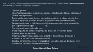 WWW.SITE2MAX.PRO
Free PowerPoint & KeyNote Templates
Arias, F. G. (2012). El Proyecto de Investigación: Introducción a la metodología científica (6.ª ed.). Editorial Episteme. Capítulo 3. El problema de
investigación, p. 43. Contenido: 3.4. Objetivos de investigación.
Objetivo general
Identificar las causas de la deserción escolar en las Escuelas Básicas públicas del
Distrito Metropolitano.
Como puede observarse, los tres elementos contienen la misma idea central:
causas + deserción escolar + escuelas públicas del Distrito Metropolitano.
Esto demuestra que el objetivo general debe guardar coherencia con aquello
que se plantea investigar.
Otro ejemplo presentado relaciona:
Título: Impacto del control de cambio de divisas en el volumen de las
importaciones venezolanas.
Problema: ¿Qué impacto ocasionará el control de cambio de divisas en el
volumen de las importaciones venezolanas?
Objetivo general: Determinar el impacto del control de cambio de divisas en el
volumen de las importaciones venezolanas.
Autor: Gabriel Oxsa Quispe
 