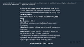 WWW.SITE2MAX.PRO
Free PowerPoint & KeyNote Templates
Arias, F. G. (2012). El Proyecto de Investigación: Introducción a la metodología científica (6.ª ed.). Editorial Episteme. Capítulo 3. El problema de
investigación, p. 43. Contenido: 3.4. Objetivos de investigación.
6. Ejemplo de objetivo general y objetivos específicos
El autor presenta como ejemplo una investigación sobre
las causas de la pobreza en Venezuela entre 1999 y 2005.
Objetivo general
Analizar las causas de la pobreza en Venezuela (1999-
2005).
Objetivos específicos
1.Identificar las causas económicas de la pobreza en
Venezuela.
2.Explicar las causas políticas que originan la pobreza en
Venezuela.
3.Examinar las causas sociales, culturales y educativas
que determinan la pobreza en Venezuela.
En este ejemplo se observa claramente que los objetivos
específicos desarrollan diferentes dimensiones del
objetivo general: económica, política y social.
Autor: Gabriel Oxsa Quispe
 