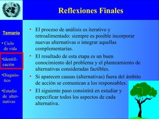 Reflexiones Finales El proceso de análisis es iterativo y retroalimentado: siempre es posible incorporar nuevas alternativas o integrar aquellas complementarias. El resultado de esta etapa es un buen conocimiento del problema y el planteamiento de alternativas consideradas factibles. Si aparecen causas (alternativas) fuera del ámbito de acción se comunican a los responsables. El siguiente paso consistirá en estudiar y especificar todos los aspectos de cada  alternativa. 