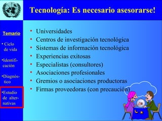 Tecnología: Es necesario asesorarse! Universidades Centros de investigación tecnológica Sistemas de información tecnológica Experiencias exitosas Especialistas (consultores) Asociaciones profesionales Gremios o asociaciones productoras Firmas proveedoras (con precaución) 