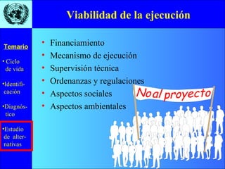 Viabilidad de la ejecución Financiamiento Mecanismo de ejecución Supervisión técnica Ordenanzas y regulaciones Aspectos sociales Aspectos ambientales 