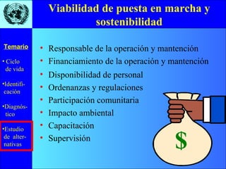 Viabilidad de puesta en marcha y sostenibilidad Responsable de la operación y mantención Financiamiento de la operación y mantención Disponibilidad de personal Ordenanzas y regulaciones Participación comunitaria Impacto ambiental Capacitación Supervisión $ 