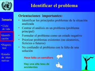 Identificar el problema Identificar los principales problemas de la situación analizada Centrar el análisis en un problema (problema principal) Formular el problema como un estado negativo Priorizar problemas existentes (no aleatorios, ficticios o futuros) No confundir el problema con la falta de una solución Orientaciones  importantes: Hace falta un semáforo Hay una alta tasa de accidentes  