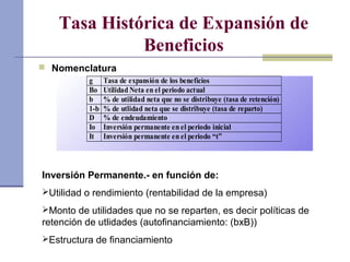 Tasa Histórica de Expansión de
Beneficios
 Nomenclatura
g Tasa de expansión de los beneficios
Bo Utilidad Neta en el periodo actual
b % de utilidad neta que no se distribuye (tasa de retención)
1-b % de utlidad neta que se distribuye (tasa de reparto)
D % de endeudamiento
Io Inversión permanente en el periodo inicial
It Inversión permanente en el periodo “t”
Inversión Permanente.- en función de:
Utilidad o rendimiento (rentabilidad de la empresa)
Monto de utilidades que no se reparten, es decir políticas de
retención de utlidades (autofinanciamiento: (bxB))
Estructura de financiamiento
 