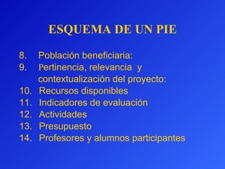 ESQUEMA DE UN PIE 8.      Población beneficiaria: 9.      P ertinencia, relevancia  y contextualización del proyecto: 10.     Recursos disponibles 11.     Indicadores de evaluación 12.     Actividades 13.     Presupuesto 14.     Profesores y alumnos participantes 