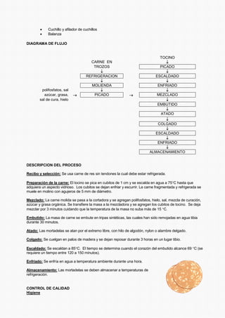 • Cuchillo y afilador de cuchillos
• Balanza
DIAGRAMA DE FLUJO
TOCINO
CARNE EN ↓
TROZOS PICADO
↓ ↓
REFRIGERACION ESCALDADO
↓ ↓
MOLIENDA ENFRIADO
polifosfatos, sal ↓ ↓
azúcar, grasa, → PICADO → MEZCLADO
sal de cura, hielo ↓
EMBUTIDO
↓
ATADO
↓
COLGADO
↓
ESCALDADO
↓
ENFRIADO
↓
ALMACENAMIENTO
DESCRIPCION DEL PROCESO
Recibo y selección: Se usa carne de res sin tendones la cual debe estar refrigerada.
Preparación de la carne: El tocino se pica en cubitos de 1 cm y se escalda en agua a 75°C hasta que
adquiera un aspecto vidrioso. Los cubitos se dejan enfriar y escurrir. La carne fragmentada y refrigerada se
muele en molino con agujeros de 5 mm de diámetro.
Mezclado: La carne molida se pasa a la cortadora y se agregan polifosfatos, hielo, sal, mezcla de curación,
azúcar y grasa orgánica. Se transfiere la masa a la mezcladora y se agregan los cubitos de tocino. Se deja
mezclar por 3 minutos cuidando que la temperatura de la masa no suba más de 15 °C.
Embutido: La masa de carne se embute en tripas sintéticas, las cuales han sido remojadas en agua tibia
durante 30 minutos.
Atado: Las mortadelas se atan por el extremo libre, con hilo de algodón, nylon o alambre delgado.
Colgado: Se cuelgan en palos de madera y se dejan reposar durante 3 horas en un lugar tibio.
Escaldado: Se escaldan a 85°C. El tiempo se determina cuando el corazón del embutido alcance 69 °C (se
requiere un tiempo entre 120 a 150 minutos).
Enfriado: Se enfría en agua a temperatura ambiente durante una hora.
Almacenamiento: Las mortadelas se deben almacenar a temperaturas de
refrigeración.
CONTROL DE CALIDAD
Higiene
 