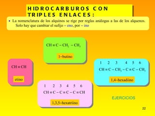 HIDROCARBUROS CON TRIPLES ENLACES: ALQUINOS etino 1  butino 1,4  hexadiino 1,3,5  hexatriino EJERCICIOS CH   C   C   C    C    CH 1  2  3  4  5  6 CH   C   CH 2    C    C   CH 3   1  2  3  4  5  6 La nomenclatura de los alquinos se rige por reglas análogas a las de los alquenos. Solo hay que cambiar el sufijo    eno , por    ino  CH   CH CH   C   CH 2    CH 3 