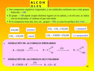 ALCOHOLES  OXIDACIÓN DE ALCOHOLES PRIMARIOS   OXIDACIÓN DE ALCOHOLES SECUNDARIOS     Son compuestos orgánicos oxigenados, y sus moléculas contienen uno o más grupos hidroxilo,    OH El grupo    OH  puede ocupar distintas lugares en la cadena, y en tal caso, se indica con un localizador, el carbono al que está unido   Si el compuesto tiene dos, tres, etc., grupos    OH , se usan los prefijos  diol, triol, ... CH 3 OH metanol CH 3    CH 2 OH etanol CH 3    CH 2     CH 2 OH 1  propanol CH 3    CHOH      CH 2 OH 1,2  propanodiol R   CH 2 OH (O) R  C O H (O) R  C O OH R   CHOH   R  (O) R   CO   R  