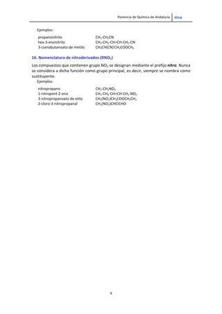 Ponencia de Química de Andalucía   
9 
Ejemplos: 
propanonitrilo  CH3‐CH2CN
hex‐3‐enonitrilo  CH3‐CH2‐CH=CH‐CH2‐CN 
3‐cianobutanoato de metilo  CH3CH(CN)CH2COOCH3
16. Nomenclatura de nitroderivados (RNO2) 
Los compuestos que contienen grupo NO2 se designan mediante el prefijo nitro. Nunca 
se considera a dicha función como grupo principal, es decir, siempre se nombra como 
sustituyente.  
Ejemplos:   
nitropropano  CH3‐CH2NO2 
1‐nitropent‐2‐eno  CH3‐CH2‐CH=CH‐CH2‐NO2
3‐nitropropanoato de etilo  CH2(NO2)CH2COOCH2CH3
2‐cloro‐3‐nitropropanal  CH2(NO2)CHClCHO 
 
   
 