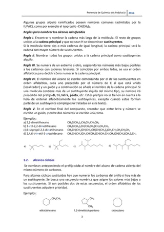 Ponencia de Química de Andalucía   
3 
Algunos  grupos  alquilo  ramificados  poseen  nombres  comunes  (admitidos  por  la 
IUPAC), como por ejemplo el isopropilo ‐CH(CH3)2. 
Reglas para nombrar los alcanos ramificados 
Regla I. Encontrar y nombrar la cadena más larga de la molécula. El resto de grupos 
unidos a la cadena principal y que no sean H se denominan sustituyentes.  
Si la molécula tiene dos o más cadenas de igual longitud, la cadena principal será la 
cadena con mayor número de sustituyentes. 
Regla II. Nombrar todos los grupos unidos a la cadena principal como sustituyentes 
alquilo.  
Regla III. Se numera de un extremo a otro, asignando los números más bajos posibles 
a los carbonos con cadenas laterales. Si coinciden por ambos lados, se usa el orden 
alfabético para decidir cómo numerar la cadena principal. 
Regla IV. El nombre del alcano se escribe comenzando por el de los sustituyentes en 
orden  alfabético,  cada  uno  precedido  por  el  número  de  C  al  que  está  unido 
(localizador) y un guión y a continuación se añade el nombre de la cadena principal. Si 
una molécula contiene más de un sustituyente alquilo del mismo tipo, su nombre irá 
precedido del prefijo di, tri, tetra, penta, etc. Estos prefijos no se tienen en cuenta a la 
hora  de  ordenar  alfabéticamente  los  sustituyentes,  excepto  cuando  estos  forman 
parte de un sustituyente complejo (no tratados en este texto). 
Regla  V.  En  el  nombre  final  del  compuesto,  recordar  que  entre  letra  y  número  se 
escribe un guión, y entre dos números se escribe una coma. 
Ejemplos: 
a) 2,2‐dimetilhexano  CH3C(CH3)2CH2CH2CH2CH3 
b) 3‐etil‐2,2‐dimetilhexano  CH3C(CH3)2CH(CH2CH3)CH2CH2CH3 
c) 4‐isopropil‐2,3‐dimetilnonano  CH3CH(CH3)CH(CH3)CH(CH(CH3)2)CH2CH2CH2CH2CH3 
d) 2,4,6‐trimetil‐5‐propildecano  CH3CH(CH3)CH2CH(CH3)CH(CH2CH2CH3)CH(CH3)(CH2)3CH3 
a) b) c) d)
1.2. Alcanos cíclicos 
 Se nombran anteponiendo el prefijo ciclo al nombre del alcano de cadena abierta del 
mismo número de carbonos. 
Para alcanos cíclicos sustituidos hay que numerar los carbonos del anillo si hay más de 
un sustituyente. Se busca una secuencia numérica que asigne los valores más bajos a 
los sustituyentes. Si son posibles dos de estas secuencias, el orden alfabético de los 
sustituyentes adquiere prioridad. 
Ejemplos: 
CH2CH3
etilciclohexano
CH3
CH3
1,2-dimetilciclopentano ciclooctano  
 