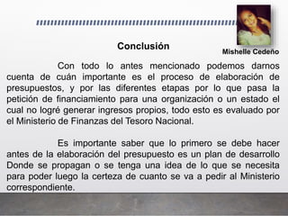 Mishelle Cedeño
Conclusión
Con todo lo antes mencionado podemos darnos
cuenta de cuán importante es el proceso de elaboración de
presupuestos, y por las diferentes etapas por lo que pasa la
petición de financiamiento para una organización o un estado el
cual no logré generar ingresos propios, todo esto es evaluado por
el Ministerio de Finanzas del Tesoro Nacional.
Es importante saber que lo primero se debe hacer
antes de la elaboración del presupuesto es un plan de desarrollo
Donde se propagan o se tenga una idea de lo que se necesita
para poder luego la certeza de cuanto se va a pedir al Ministerio
correspondiente.
 