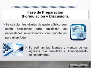 Fase de Preparación
(Formulación y Discusión).
Se calculan los niveles de gasto público que
serán necesarios para satisfacer las
necesidades seleccionadas como prioritarias
para el período.
Hilmary Martínez
 Se estiman las fuentes y montos de los
ingresos que permitirán el financiamiento
de los primeros.
 