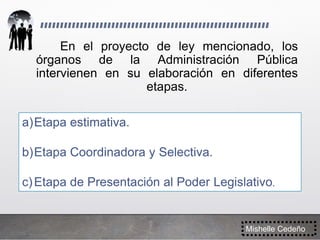 En el proyecto de ley mencionado, los
órganos de la Administración Pública
intervienen en su elaboración en diferentes
etapas.
Mishelle Cedeño
a)Etapa estimativa.
b)Etapa Coordinadora y Selectiva.
c)Etapa de Presentación al Poder Legislativo.
 
