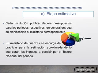 a) Etapa estimativa
Mishelle Cedeño
• Cada institución publica elabora presupuestos
para los periodos respectivos, en general entrega
su planificación al ministerio correspondiente.
• EL ministerio de finanzas se encarga de realizar
practicas para la estimación aproximada de lo
que serán los ingresos a percibir por el Tesoro
Nacional del periodo.
 