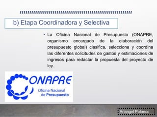 b) Etapa Coordinadora y Selectiva
• La Oficina Nacional de Presupuesto (ONAPRE,
organismo encargado de la elaboración del
presupuesto global) clasifica, selecciona y coordina
las diferentes solicitudes de gastos y estimaciones de
ingresos para redactar la propuesta del proyecto de
ley.
Ariangel Polanco
 