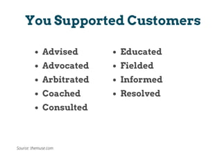 Advised
Advocated
Arbitrated
Coached
Consulted
You Supported Customers
Educated
Fielded
Informed
Resolved
Source: themuse.com
 